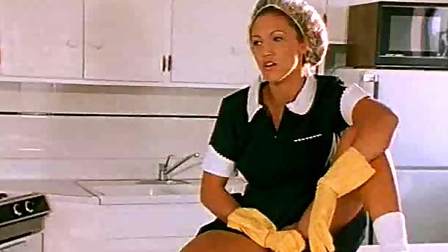 Two men are curious about a hot maid's tight holes