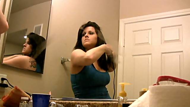 Cute Busty Brunette Amateur Getting Ready In Front of Mirror
