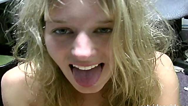 Small-titted hottie with blonde hair gets completely naked on camera