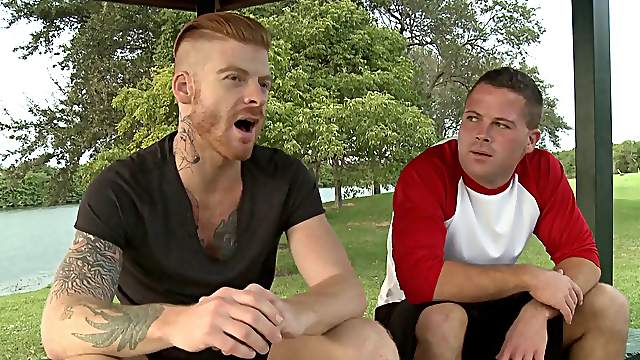 Tattooed gay with massive dick likes smashing tight anal smoothly