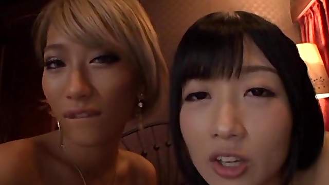 Blonde and dark haired Asian chicks sucking and fucking a cock