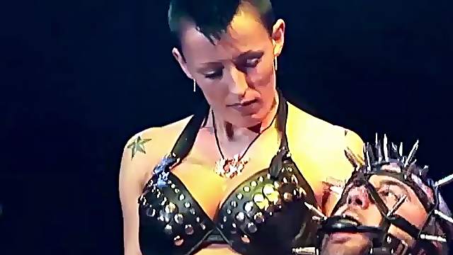 extreme bdsm fetish show on european public sex fair porn stage