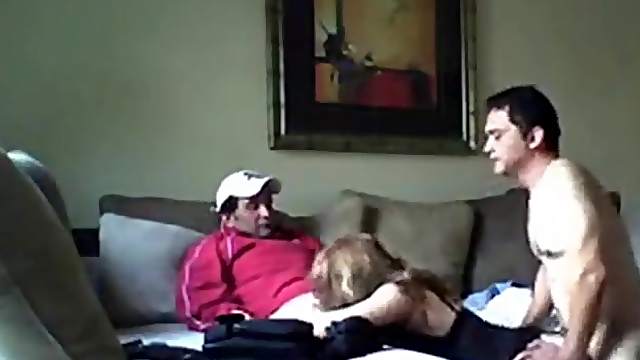 Sexy blonde prostitute takes on two dudes at once
