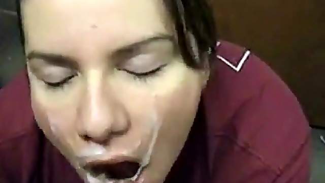 Horny sales clerk gives a blowjob and gets cummed