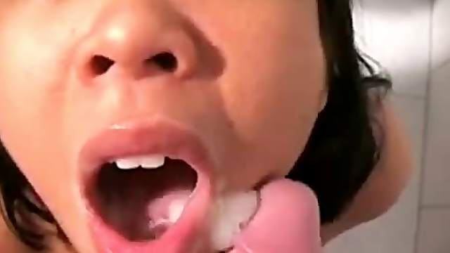 Asian big cock blowjob with cum on her face