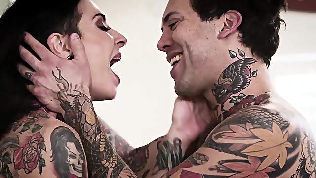 Tattooed guy gets to fuck Joanna Angel and her friend while they moan