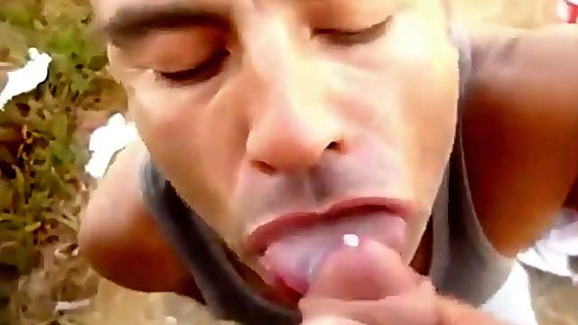 Cumslut sucks three cocks outdoors and gets all the cum from them.