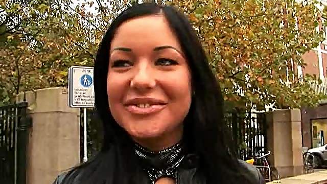 Horny Brunette Babe Sucks a Banana and Then a Cock in Public