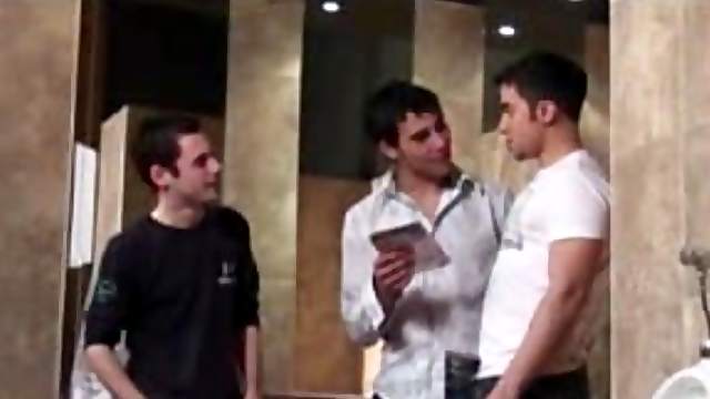 Latin gay threesome fucked in public restroom