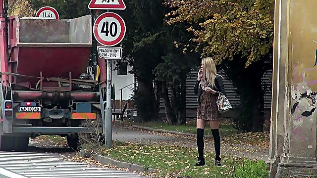 Long haired blonde MILF Karina pussy creampied in a car