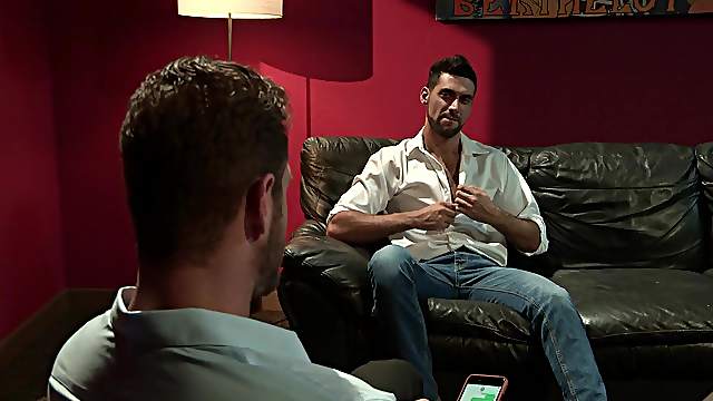 Passionate gay fuck with a mature horny couple on the couch