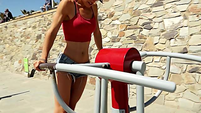 Brunette Julia Roca enjoys getting fucked from behind after a workout
