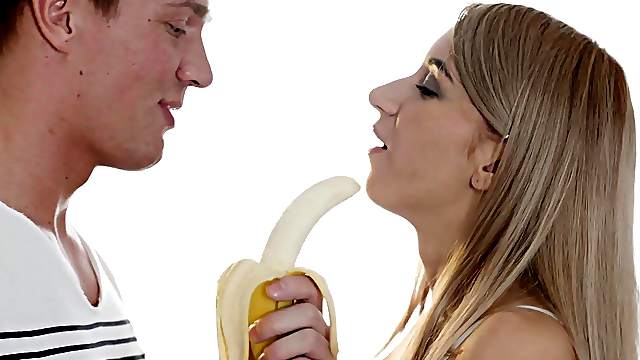 Tequila Girl eats a banana and then stuffs a hard cock deep inside her