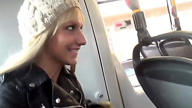 Nice blond teen sucking dick and fucking in public bus