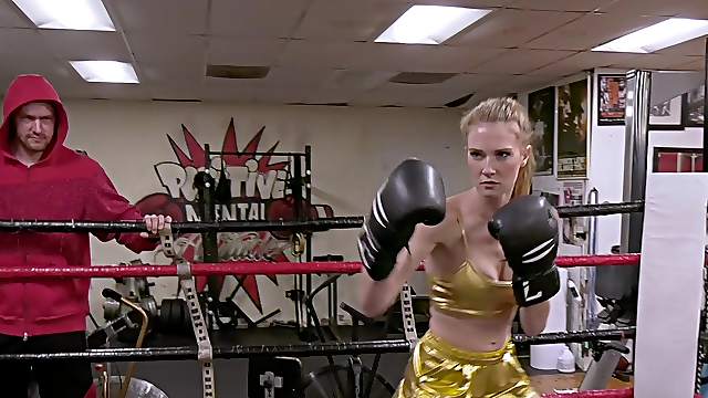 Boxing babe Ashley Lane gets fucked doggy style and swallows cum