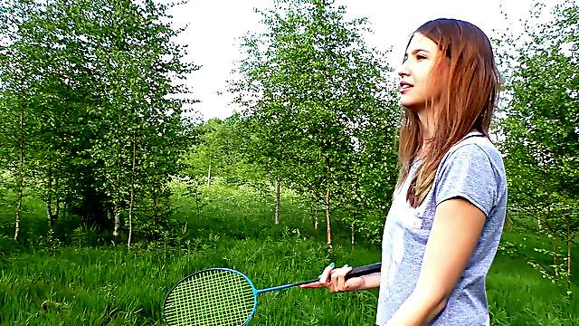 Lesbian pussy toy play with two cute teen brunette babes outdoors