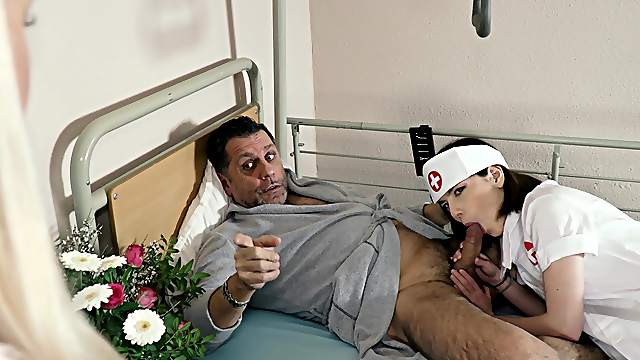 Old guy is love sick so nurses fuck and suck him