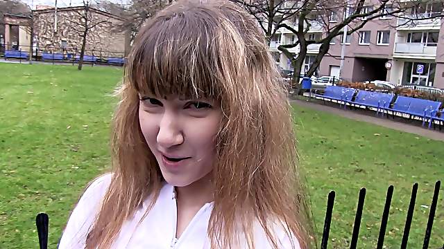 Shy blonde babe Adriane picked up on the street to suck cock