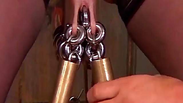 extreme pierced german busty mature enjoys a rough labia stretching lesson