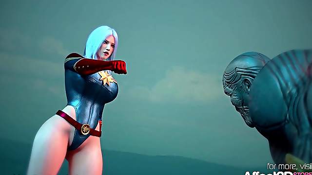 Superhero 3d animation with a big tits beauty