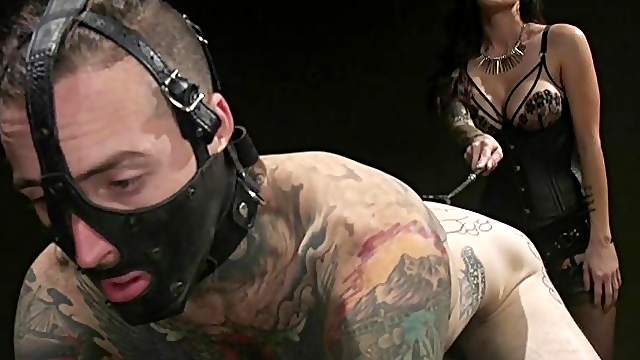 Helpless tattooed dude is tied up and gets fucked by Gia Dimarco