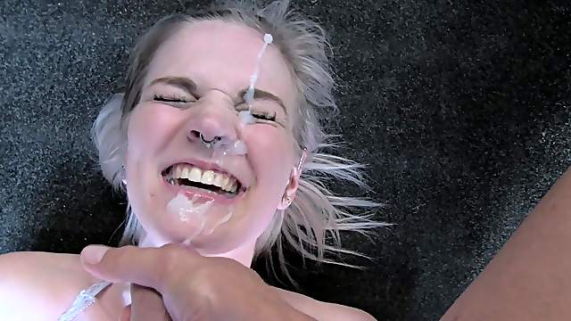 British blonde slut gets her face covered with sticky jizz