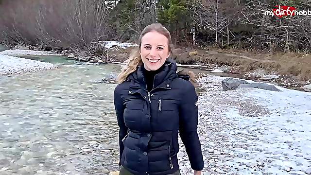 Busty teen gets a huge cumshot while fucking in the snow