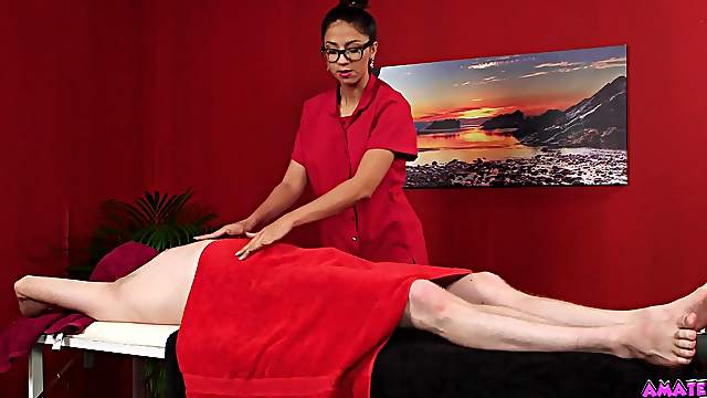 Julia De Lucia massages a guy and takes care of his throbbing dick