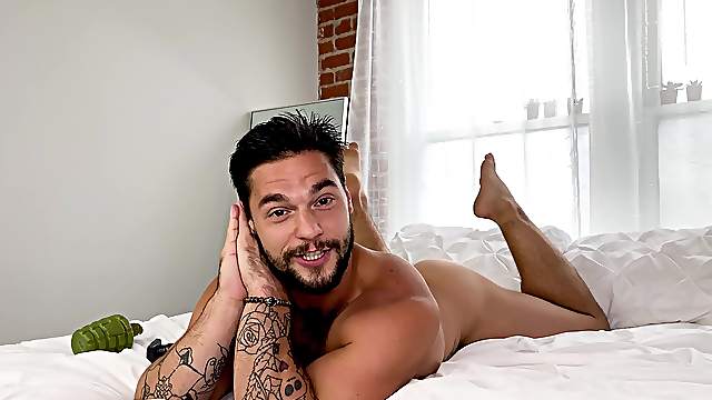 Solo dude with a giant dick and balls plays with a large dildo