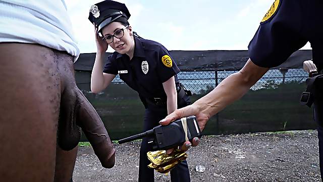 Naughty police officers Lyla Lali and Norah Gold fucked by a black guy