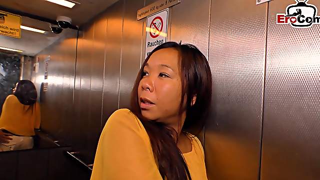 German asia milf wife seduced for cheating in lift
