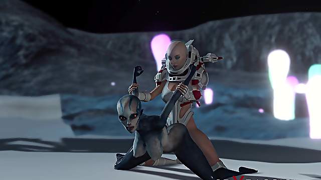 Alien sex. Spacewoman in spacesuit plays with alien on the exoplanet