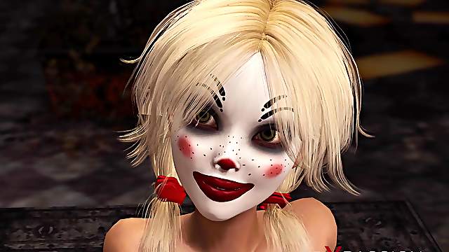 Joker bangs rough a cute sexy blonde in a clown mask in the abandoned room