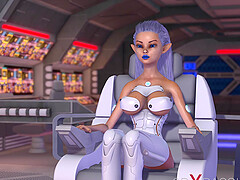 Earth orbit. Sci-fi sex android plays with a hot young blonde