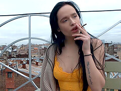 Instead of smoking cigarette brunette has sex with a bf