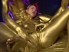 Kinky body painted threesome with natural tits model Kichikawa Nao