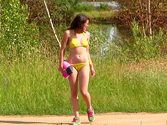 Solo brunette babe fingering her wet pussy outdoors - Lucy N