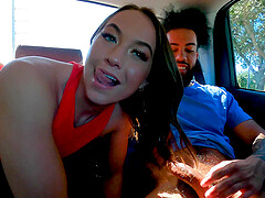 Brunette Violet Reign moans while being fucked in the car