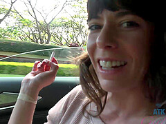 Brunette Vera King enjoys while getting pleasured in the car