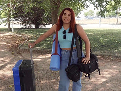 Redhead Rosie Cage with shaved pussy riding a dick in reverse cowgirl
