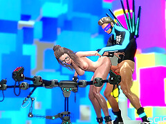 Super disco man plays with a hot horny busty hottie in restraints