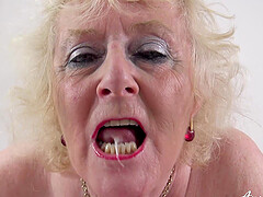 Blonde granny Claire Knight surprises a guy with a blowjob in POV