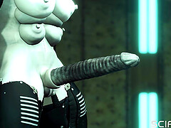 Sci-Fi sex machine. A super sexy brunette gets fucked by humanoid robot shemale