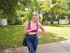 Small boobs blonde Juliette Mint gives head and gets fucked hard