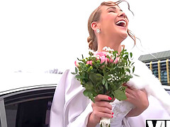 Sexy bride in white dress moans loudly being fucked in the wedding limo
