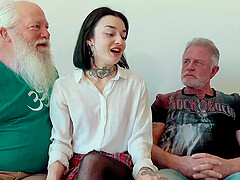 Snow DeVille has threesome with old men and swallows cum
