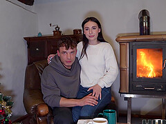 A stunning brunette woman, Emma Evans, fucked by her husband in jeans