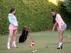 Lesbian sex with high heels and frilly socks dangling outdoors