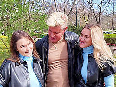 Two girls shared a guy's cock in a steamy threesome with Merida Sat