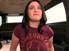 Horny brunette teen anxious to get laid in the sex bus